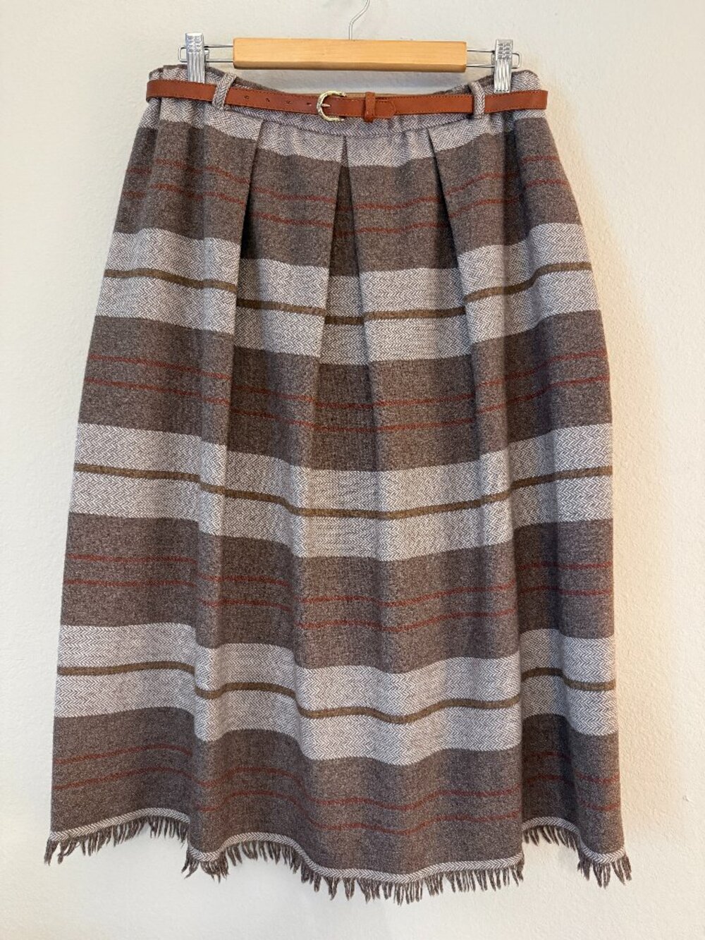 Vintage Century Belted Pleated Striped Wool Blend Blanket Skirt XL